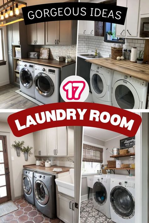 A visually striking collage of four laundry room designs. The top left features a cozy area with dark wood cabinets and plants, while the adjacent image shows a light room with a window. The bottom left displays another laundry area with dark cabinetry and stylish washers, and the last panel shows a white space with matching appliances. The central text reads "GORGEOUS IDEAS 17 LAUNDRY ROOM." Small Laundry Room Ideas Top Loaders With Sink, Decorating Washer And Dryer, Multi Purpose Laundry Room Ideas, Laundry Room Counters Over Washer Dryer, Laundry Room Design With Sink Farmhouse, Black Shiplap Wall With Shelves, Laundry Room With Coffee Bar, Laundry Rooms With Front Loaders On Pedestals, Laundry Room With Large Window