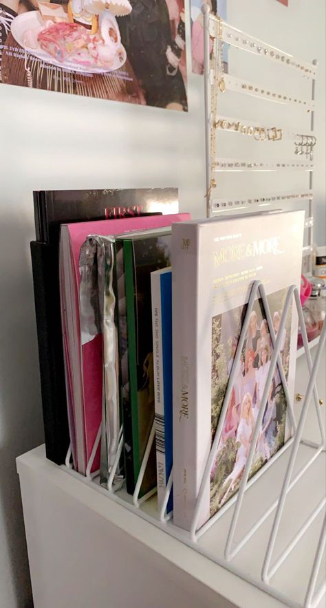 kpop albums twice stayc ive kep1er cute aesthetic vibes bedroom organizer Kpop Album Desk Ideas, Kpop Decor Aesthetic, Kpop Albums Organization, Kpop Cabinet, Kpop Album Organization Ideas, Twice Bedroom, Twice Room Decor Kpop, Kpop Album Storage Ideas, Kpop Cd Display