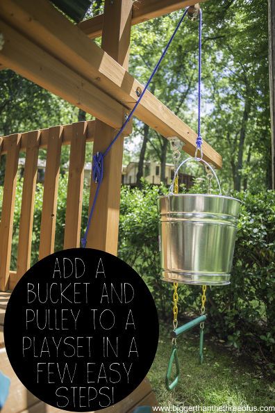 Take your playset to the next level with a handy bucket pulley system. Bucket Simple, Backyard Playset, Outdoor Playset, Build A Playhouse, Diy Playground, Kids Outdoor Play, Outdoor Play Area, Tree House Designs, Playset Outdoor