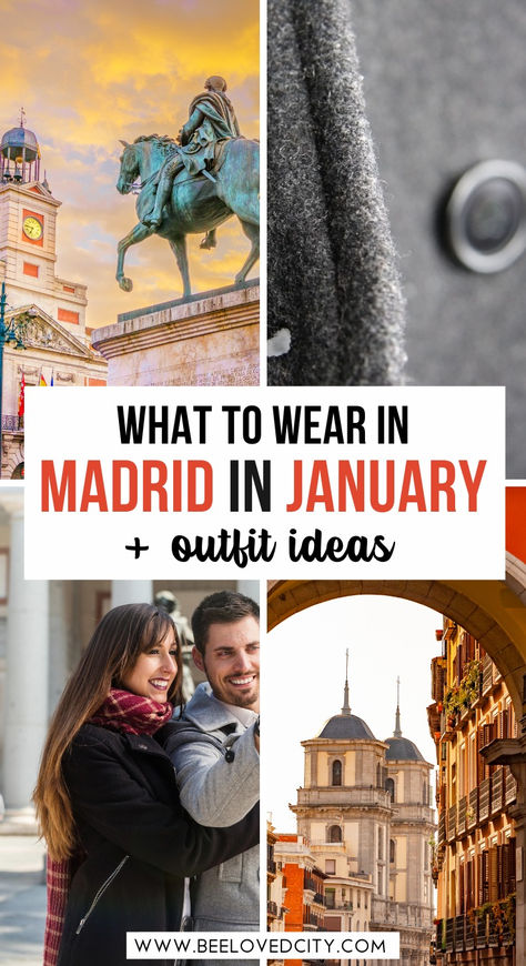 January in Madrid means cool days and chilly nights, so pack a mix of warm and stylish layers. Think cozy sweaters, a versatile jacket, and comfortable shoes for exploring the city by day, with a dressier coat and scarf for the evening tapas scene. A compact umbrella is a smart addition for unexpected rain. With a well-rounded winter wardrobe, you'll stay comfortable while blending in with Madrid’s chic city vibe! #MadridStyle #WinterTravelEssentials #PackingTips Madrid January Outfit, Outfits For Madrid In Winter, Winter In Madrid Outfit, Madrid December Outfits, Barcelona In December Outfits, Madrid Winter Fashion, Madrid Spain Winter Outfits, Madrid Winter Outfits, Madrid Outfits Winter