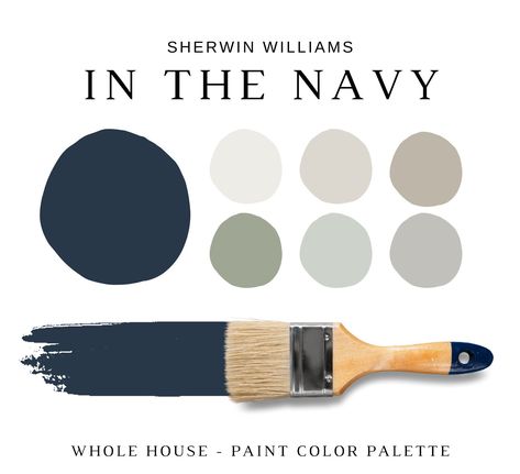 The PDF contains EVERYTHING you need to KNOW about Sherwin Williams IN THE NAVY! It includes a list of complementary Sherwin Williams Paint Colors that can be used to pair with SW IN THE NAVY. This is a PREPACKAGED Color Palette Selection Listing that includes the Sherwin Williams NAVAL color recommendations for walls, ceilings, trims, moldings, doors, and window frames - for your WHOLE HOUSE.  This is a *digital download* PDF that contains 37 pages total of information to assist you with quick and easy color selections in your home. It also includes the material color palette (satin brass, matte black, polished chrome, wood stains, or copper that resonates with the color palette) and fabric color palette (color and material of the fabric on the furniture). There is also a list of specific Navy Blue And White Kitchen Cabinets Paint Colors, Navy Blue Color Scheme Bathroom, Navy And Grey Paint Scheme, Black White Navy Blue Color Palette, Paint Colors That Go With Navy Cabinets, Navy Blue Beige Color Palette, Colors That Go Well With Navy Blue, Navy Color Palette Living Room, Color Schemes With Navy Blue