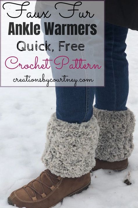 Faux Fur Ankle Warmers - Creations By Courtney Crochet Ankle Warmers Free Pattern, Crochet Ankle Warmers, Crocheted Skirts, Tunic Pattern Free, Leg Warmers Crochet Pattern, Ankle Warmers, Leg Warmers Pattern, Interesting Crochet, Fur Leg Warmers