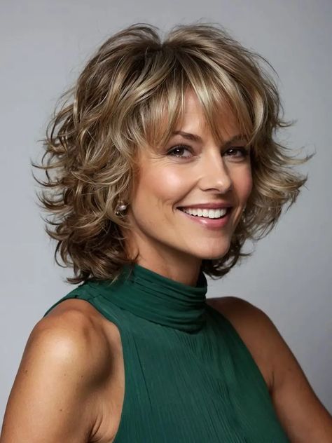 Curly Hair Older Women, Wavy Shag Haircut Short, Shag Cuts For Fine Hair, Medium Shag Haircuts For Fine Hair, Easy Haircuts For Medium Hair, Layered Curly Hair Medium, Reba Mcentire Hairstyles, Curly Shag Haircut Medium, Hot Mom Haircut