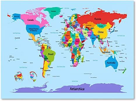 Childrens World Map by Michael Tompsett work, 30 by 47-Inch Canvas Wall Art World Map Picture, Kids Playroom Wall Art, World Map With Countries, Kids World Map, Maps For Kids, Map Canvas Art, Map Pictures, World Map Canvas, Map Of The World