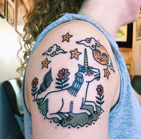 Traditional Unicorn Tattoo, The Last Unicorn Tattoo, Unicorn Tattoo, Backpiece Tattoo, Pegasus Unicorn, Unicorn Tattoos, Last Unicorn, The Last Unicorn, Traditional Tattoo Art