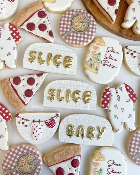 Slice Slice Baby! Is this not the cutest baby shower theme?! Complete with Balloon letters, textured white bricks, and pizza in many… | Instagram Slice Slice Baby Cookies, Bakery Baby Shower Theme, Slice Slice Baby Shower Decor, Pizza Themed Baby Shower Ideas, Pie Baby Shower Theme, Pizza Baby Shower Ideas, Italian Baby Shower Theme, Baby Shower Pasta, Slice Cookies