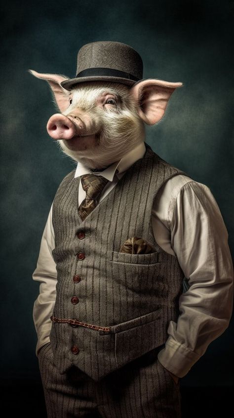 Animals In Clothes Art, Personified Animals, Animals In Suits, Dapper Animals, Animals Wearing Clothes, Funny Pictures Of Animals, Animals In Clothes, Animal Caricature, Pig Pictures