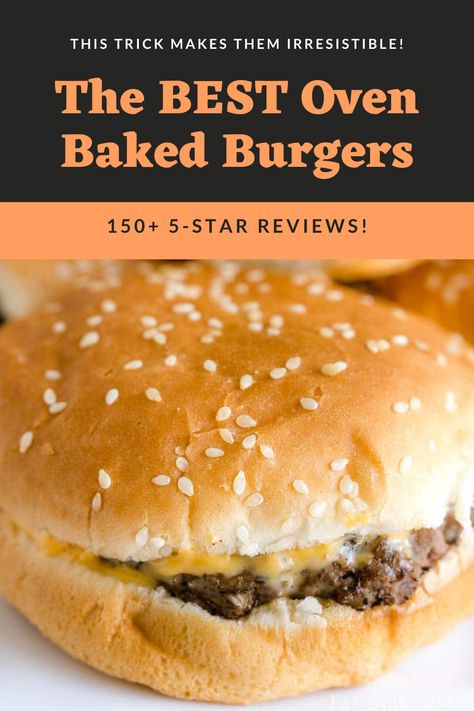 burger on a seeded bun with cheese melted Burgers In The Oven Easy Recipes, Oven Baked Hamburger Patties Ground Beef, Homemade Hamburgers In Oven, Hamburgers Cooked In The Oven, Ways To Cook Hamburger Patties, Oven Baked Hamburgers And Onions, Best Burgers In The Oven, How Long Do You Bake Hamburgers In The Oven, Broil Burgers In Oven