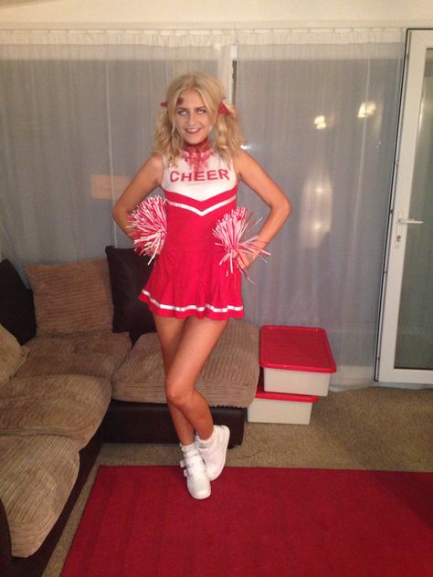 My Halloween dead cheerleader outfit Dead Cheerleader Costume, Diy Cheerleader Costume, Zombie Cheerleader Makeup, Cheerleader Costume Kids, Zombie Cheerleader Halloween Costume, Zombie Cheerleader Halloween, Cheerleader Makeup, Halloween Diy Tutorials, Zombie Cheerleader Costume