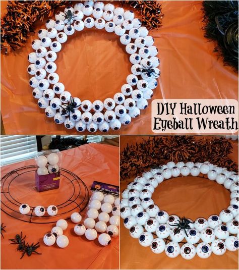 How To Make Your Own DIY Halloween Eyeball Wreath Diy Halloween Eyeballs, Eyeball Wreath, Eyeball Halloween, Halloween Felt Crafts, Halloween Yard Art, Spooky Wreath, Mommy Moments, Halloween Creepy, Amazing Crafts