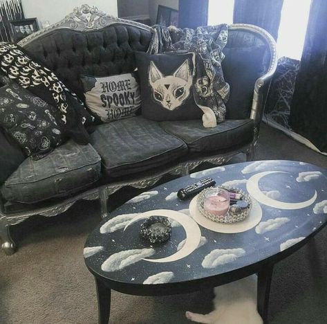 a little kitschy but super cute, too! Sofa is gorgeous and perfectly witchy. Gothic Home Decor Ideas, Goth Home, Goth Home Decor, Dark Home, Goth Decor, Gothic Decor, Gothic Home Decor, Gothic House, My New Room