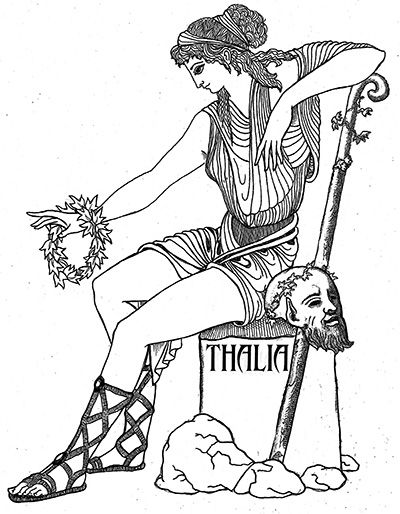 Thalia   - the “Flourishing” is the muse of Comedy and of playful and idyllic poetry, and is seen with a comic mask. She is sometimes seen with a crown of ivy and a crook. Art by Katlyn Greece Mythology, Ancient Greek Art, Greek Vases, Greek And Roman Mythology, Roman Mythology, Art Consultant, Mythology Art, Greek Art, Contemporary Fine Art