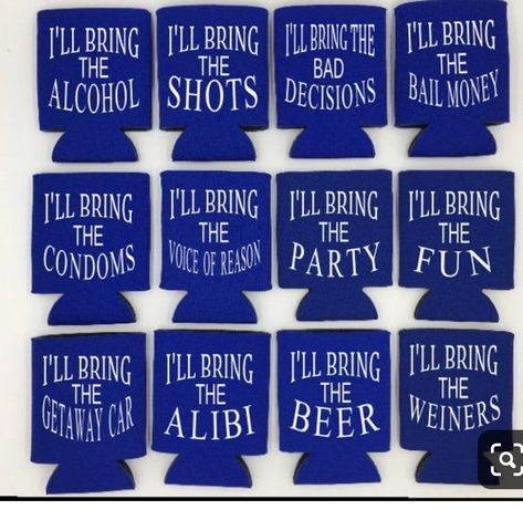 Camping Koozie, Alcohol Shots, Koozie Design, Themed Bachelorette Party, Beer Cozy, Bail Money, Bachelorette Theme, Vegas Birthday, Beer Koozies