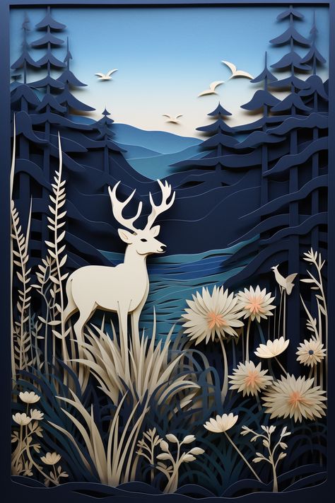 prompt: Create a layered papercut art piece depicting a serene countryside meadow, filled with blooming wildflowers, grazing deer, and a gentle breeze rustling the tall grass --ar 2:3 Layered Artwork Paper, Paper Layering Art, Layered Papercut Art, Layered Pictures, 3d Layered Paper Art, Sanjhi Art, Handicrafts Ideas, Church Poster Ideas, Layered Artwork