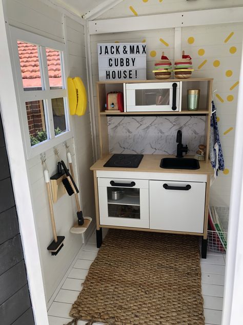 Cubby Interior - Ikea Kitchen, Kmart lightbox, Target cleaning set. Wendy House Storage Ideas, Cubby Interior Ideas, Wendy House Ideas Interior, Kmart Play Kitchen Hack, Boys Playhouse Interior, Cubby House Ideas Interior, Cubby House With Mud Kitchen, Wendy House Interior, Kitchen Cubby Ideas