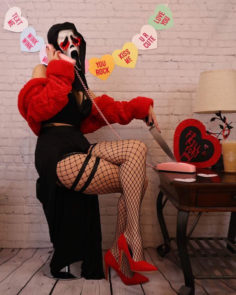 Ghostface
Photoshoot
Valentine's day Pink Ghostface Photoshoot, Scream Inspired Photoshoot, Goth Valentines Photoshoot, Goth Valentines Day Photoshoot, Halloween Fashion Photoshoot, Ghostface Picture Ideas, Halloween Birthday Photoshoot Ideas, Pink Ghostface Costume, Ghost Face Valentines Day