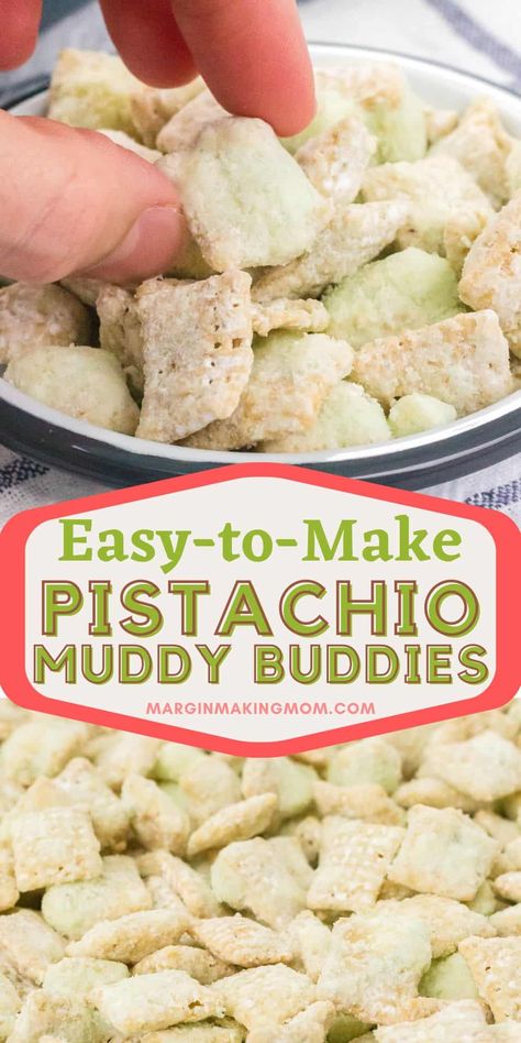 If you love traditional Muddy Buddies (sometimes called puppy chow), you're going to love this pistachio flavored variation! It's simple to make for the holidays, and can be a delicious handmade gift, too. Great for Christmas, St. Patrick's Day, and Easter, thanks to its lovely pale green hue! Pistachio Muddy Buddies, Puppy Chow Chex Mix Recipe Pistachio, Muddy Buddy Flavors, Grinch Puppy Chow Recipe, Grinch Puppy Chow, Pistachio Trail Mix Recipes, 12 Tomatoes Pistachio Puppy Chow, Puppy Chow Variations, Pistachio Popcorn