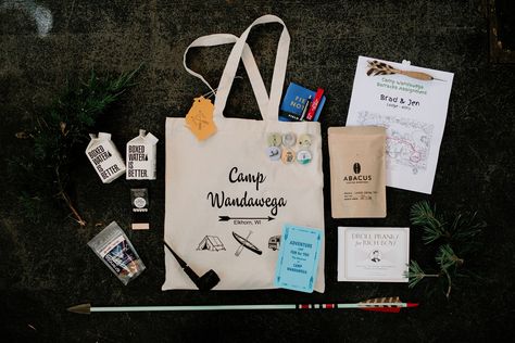 Wedding welcome bag ideas. Camp Wandawega wedding. Camp themed wedding. www.bradandjen.com Camp Welcome Bags, Camp Wedding Welcome Bags, Camp Wedding Favors, Kids Riding Bikes, Camp Wandawega Wedding, Camp Wandawega, Brad And Jen, Summer Camp Wedding, Destination Wedding Favors