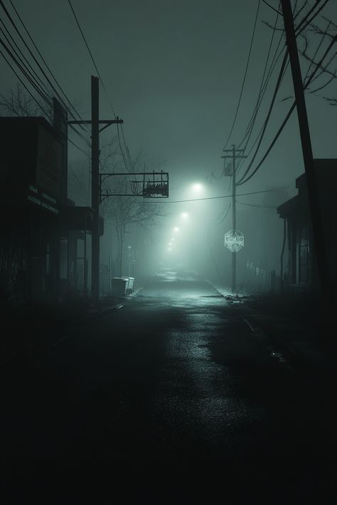 Explore the haunting atmosphere of Silent Hill 2 with this eerie wallpaper, featuring foggy streets and decaying buildings illuminated by moonlight. Silent Hill Atmosphere, Silent Hill Landscape, Silent Hill 2 Remake Wallpaper, Eerie Wallpaper, Silent Hill 2 Wallpaper, Decaying Buildings, Silent Hill Wallpaper, Foggy Street, Wallpaper Moody