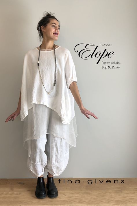 ELOPE CROP TOP AND PANTS so versatile and fun. Shown with Jaqueline Slip. Crop And Pants, Lagenlook Sewing Patterns, Lagenlook Patterns, Indie Patterns, Tina Givens, Lagenlook Style, Diy Tops, City Woman, Matching Pants