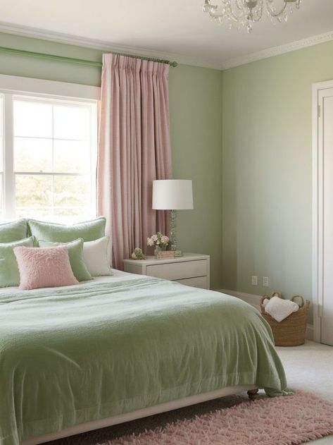 Sage And Pink Bedroom Ideas, Pale Pink And Green Aesthetic, Light Green Girls Bedroom, Pastel Pink And Green Room, Room Ideas Green And Pink, Light Green And Pink Aesthetic, Light Pink And Green Aesthetic, Light Green Room Aesthetic, Light Green And Pink Bedroom