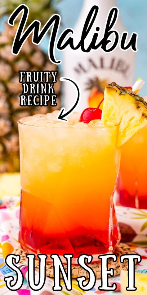 Poolside Drinks Alcohol, Sunset Drink Recipe, Homemade Grenadine, Boozy Fruit, Fruity Drink Recipes, Poolside Drinks, Malibu Cocktails, Coconut Rum Drinks, Grenadine Syrup