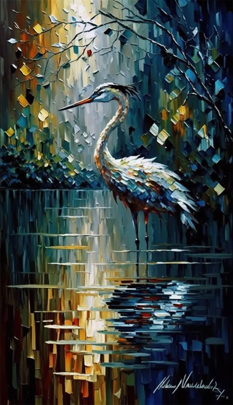 A fun and colourful painting of a white Crane stading beneath a tree in a lake. White Crane Painting, Bird Paintings On Canvas Oil, Water Birds Paintings, Crane Painting Acrylic, Animals Oil Painting, Impasto Painting Acrylic, Abstract Bird Painting, Bird Acrylic Painting, Acrylic Birds