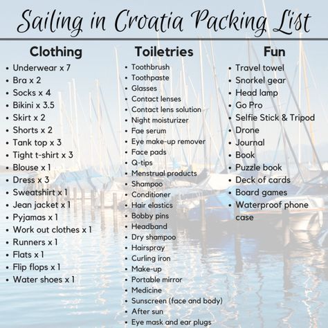 Sea Vacation Packing List, Packing List For Croatia, Sailing Packing List, Sailing Trip Packing List, Boat Packing List, Sailing In Croatia, Croatia Packing List Summer, Croatia Packing List, Sail Croatia