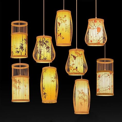 Bamboo Pendant Lamp $62.25 bit.ly/3hCYQMU Round Paper Lanterns, Hotel Living Room, Hotel Living, Bamboo Lamp, True Homes, Living Room Restaurant, Christmas Color, Gold Paper, Hanging Lanterns