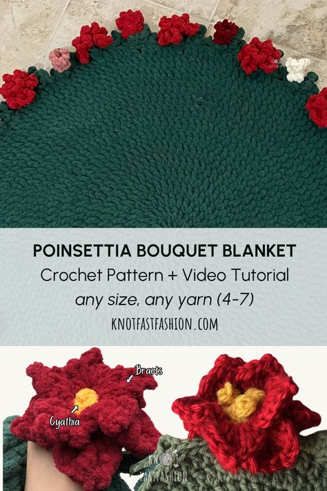 The Poinsettia Bouquet Blanket is a crocheted circle blanket with a border of vines, leaves, and poinsettias. This customizable blanket pattern is perfect to make the most gorgeous blanket that rolls into a bouquet of poinsettias! You can customize the size, use any yarn weight (4-7), and make blank Jumbo Yarn Crochet Blanket Pattern, Crochet Flower Bouquet Blanket, Bouquet Blanket Crochet, Crochet Bouquet Blanket, Bouquet Blanket, Circle Blanket, Poinsettia Bouquet, Crochet Bouquets, Bouquet Crochet