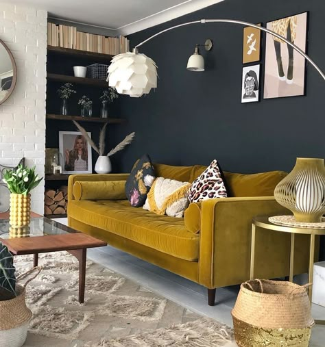 Mustard Couch, Mustard Living Rooms, Outdoor Entryway, Yellow Sofa, Budget Home Decorating, Entryway Wall, Living Room Remodel, Room Remodeling, Interior Deco