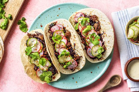 Share me on Pinterest Spicy Crema, Taco Recipes Ground Beef, Tacos Easy, Korean Chili Flakes, Sesame Beef, Korean Ground Beef, Beef Tacos Recipes, Veggies Recipes, Pickled Cucumbers