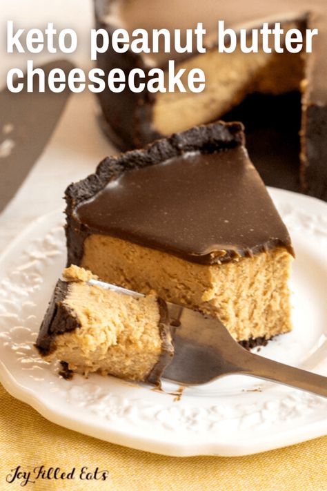 One slice of this Keto Peanut Butter Cheesecake and you're going to be hooked. Not only is it creamy and delicious but it's rich in chocolate flavoring as well. This homemade cheesecake is sugar-free, gluten-free, and low carb, too. Keto Peanut Butter Cheesecake, Peanut Butter Cheesecake Recipes, Keto Peanut Butter, Joy Filled Eats, Homemade Cheesecake, Lost 100 Pounds, Low Carb Low Sugar, Best Low Carb Recipes, Peanut Butter Cheesecake