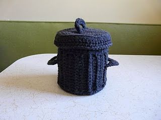 handmade crocheted petite garbage can. adorable. want one for my desk. Crochet Garbage Can, Crochet Trash Can, Mason Jar Covers, Garbage Dumpster, Mad At Myself, Santa Hat Pattern, Jar Covers, Car Trash Can, Crochet Car