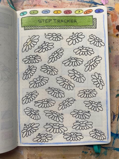 Daisy themed step tracker page for my May bullet journal Daisy Bullet Journal, Bullet Journal May, Bujo Themes, Step Tracker, May Bullet Journal, Steps Tracker, Bullet Journal Design Ideas, Bullet Journal Themes, Journal Themes