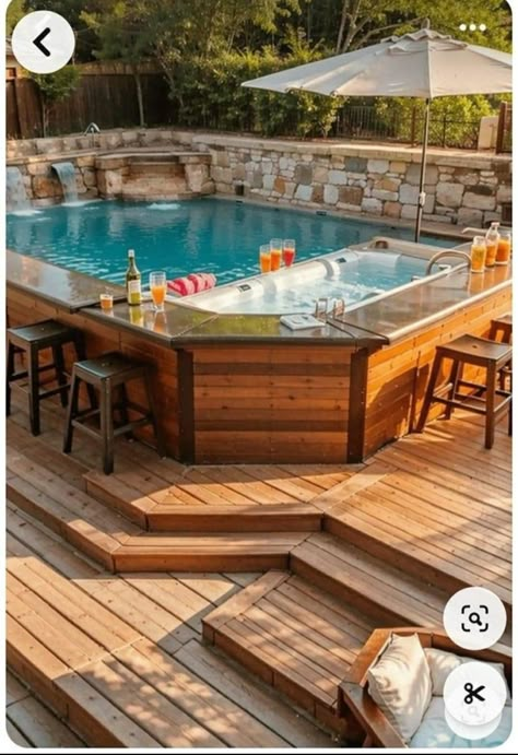 Above Ground Pool And Jacuzzi Deck, Above Ground Pool Built Into Deck, Above Ground Pool Off Deck, Above Ground Pool With Deck Ideas, Half Above Ground Pool, Above Ground Pool Landscaping Deck, Small Built In Pool, Pool Off Back Deck, Above Ground Pool Underground