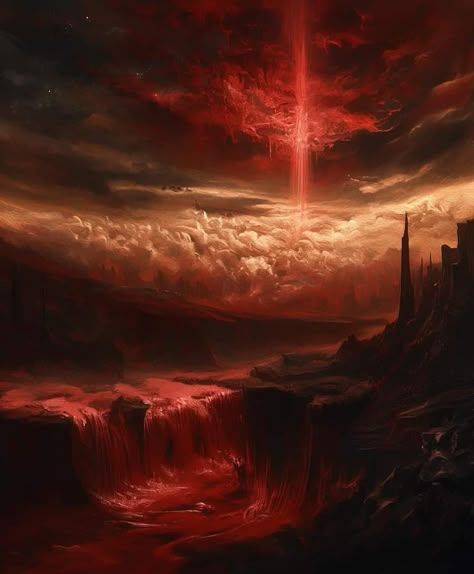 Demon Realm Landscape, Hell Landscape, Red Sky Painting, Beyond The Lights, Game Background Art, Night Landscape, Biblical Art, Fantasy Setting, Fantasy Places