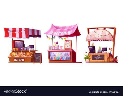 Market Place Illustration, Food Stall Illustration, Stall Illustration, Striped Awning, Food Stall Design, Popcorn Stand, Ice Cream Place, Street Food Market, Food Stand