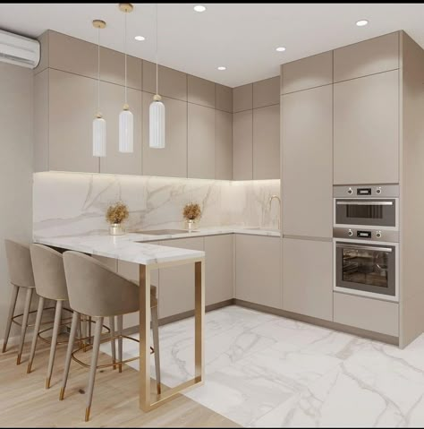 House Interior 2024 Trends, Cream Marble Kitchen, Beige Modern Kitchen, Beige Marble Kitchen, European Kitchen Design Modern, Cream And Gold Kitchen, Beige And White Kitchen, Modern Beige Kitchen, Cappuccino Kitchen