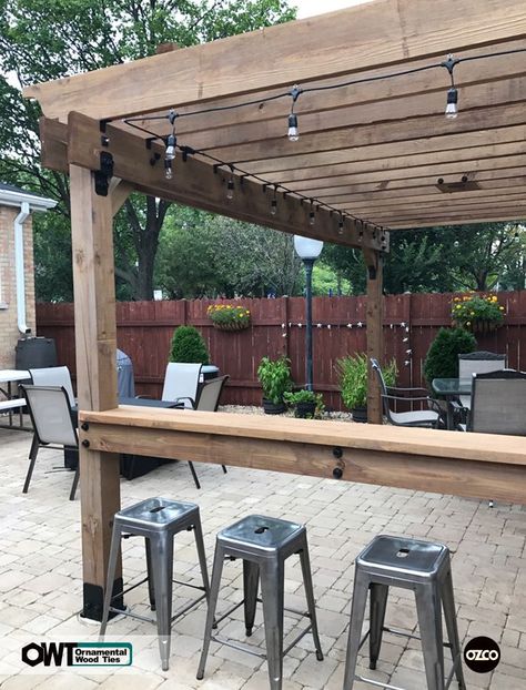 OZCO Building Products – Ornamental Wood Ties (OWT) #pergola with Bar built with OZCO OWT's in Ironwood Pergola With Bar, Pergola Ideas For Patio, Ornamental Wood, Cheap Pergola, Pergola Attached To House, Pergola Design, Pergola Canopy, Wooden Pergola, Backyard Pergola