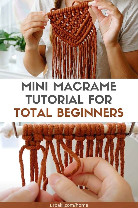 We wanted to share with you this tutorial on how to make a mini macrame wall hanging! This is a very beginner friendly project, even if you've never done macrame before doing this! You will need the following materials: 3 or 4mm single strand macramé cord, 42 feet of cord total, a 6-inch stick or wooden dowel. For the main section: cut 10 ropes, each 4 feet long For the Hanging Rope Cut 1 rope, 1 1/2 - 2 feet long. The truth is that it is much simpler than it seems. Macrame On Stick, Macrame Wall Hanging Pattern Free, Beginner Macrame Projects, Small Macrame Projects, Diy Macrame Plant Hanger Easy, Beginner Macrame, Mini Macrame Wall Hanging, Macrame Wall Hanging Tutorial, Free Macrame Patterns