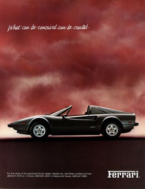 ad archives by bobalexander!, via Flickr Ferrari 308 Gts, Ferrari Vintage, Ferrari Poster, Ferrari 308, Vintage Sports Cars, Car Brochure, Racing Posters, Ferrari Car, Car Advertising