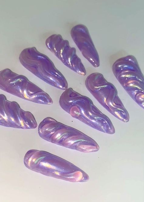 Purple Extra Nails, Iridescent Purple Nails, Diesel Nails, Shiny Purple Nails, Nails Aurora Effect, Purple Iridescent Nails, Long Nails Y2k, Gemini Nails Designs, Square Long Nails