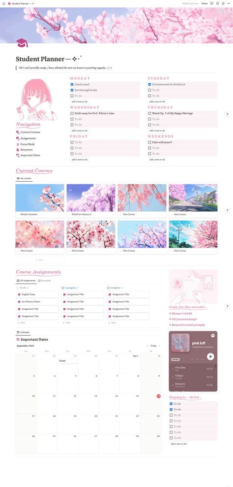 Bullet Journal Homework, School Homework Planner, Student Planner Organization, Anime Cherry Blossom, Notion Ideas, Notion Inspo, Student Dashboard, Cherry Blossom Theme, Homework Planner