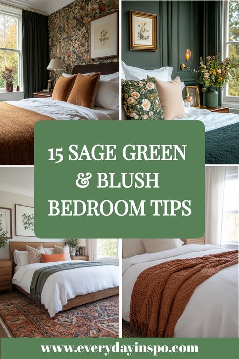 Match sage green and blush to create a romantic bedroom retreat with these tips. Green Coral Bedroom, Pink And Green Farmhouse Bedroom, White Brown Green Pink Bedroom, Sage Green And Blush Bedroom Ideas, Neutral Bedroom With Sage Green Accents, Sage Green And Dusty Rose Bedroom, Green And Rose Bedroom, Green Blush Bedroom, Green Guest Bedroom Ideas