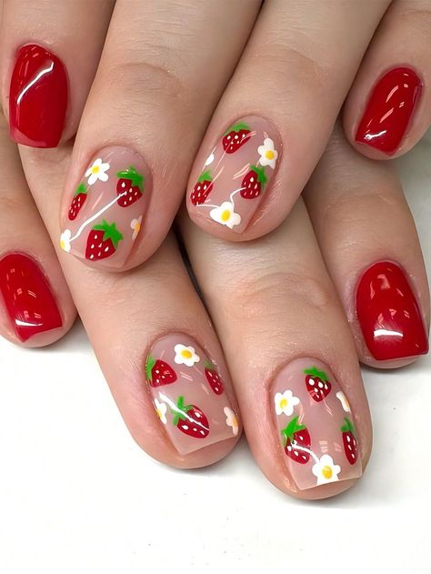 Nail Art Plants, Nail Art Designs Birthday, Nails Short Almond Summer, Cute Nail Designs For Short Nails, Cute Gel Nails For Summer, Strawberry Gel Nails, Red Strawberry Nails, Red Cute Nails, Gel Nails With Flowers