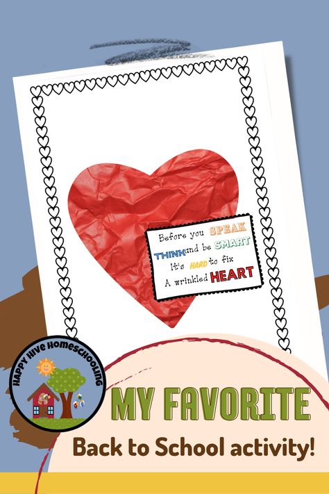 What is a wrinkled heart you ask? Well, they happen when kids or adults make unkind, or inconsiderate language choices. You may not even recognize they slip out, or that the words cause wrinkles, like drying your clothes on the wrong setting! Visit the Happy Hive Homeschooling blog and get this free printable wrinkled heart activity to help! Wrinkled Heart Activity, Wrinkled Heart Lesson, Crinkled Heart Activity, Kindness Heart Activity, Spreading Kindness Activities, Each Kindness Book Activities, Wrinkled Heart, Heart Lesson, Manners For Kids