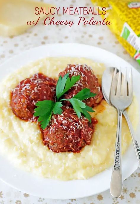 Saucy-Meatballs-with-Cheesy-Polenta Romanian Polenta, Tuscan Palette, Easy Homemade Tomato Sauce, Saucy Meatballs, Cheesy Polenta, Veggie Meatballs, Meatball Dishes, How To Cook Polenta, Polenta Recipes