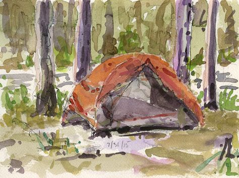 Watercolor Camping Scene, Watercolor Tent, Tent Watercolor, Camp Watercolor, Tent Drawing, Kayak Art, Camping Drawing, Perspective Drawing Lessons, Procreate Ipad Art