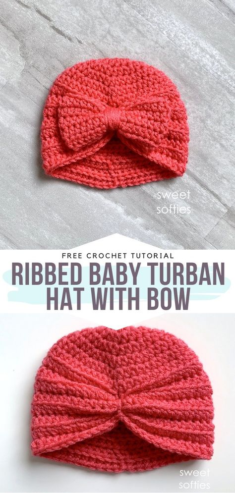 Ribbed Baby Turban Hat with Bow Free Crochet Pattern Wow, this is certainly one of the finest designs for baby hats we have seen this season. Stylish little ladies would never let go of this crochet gem with a fabulous bow on the front. This juicy color is a mixture of red, orange and peach. Yummy! #crochetbabyhat #crochetbabybeanie #freecrochetpattern Crochet Baby Hats Free Pattern, Crochet Baby Cap, Baby Hat Free Pattern, Crochet Turban, Baby Bow Hats, Baby Turban Hat, Girls Crochet Hats, Hat With Bow, Crochet Baby Beanie